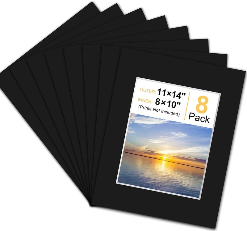 Phinus Store 8 Pack Picture Mats for Frames, Acid Free 11x14 Matted to 8x10, Picture Frame Mats for Pictures, Watercolor, Artwork and Prints (Black) - Image 1